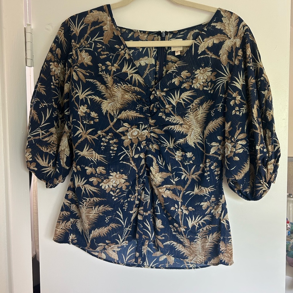Rebecca Taylor Blue and Tan Ruched 3/4 Sleeve Blouse